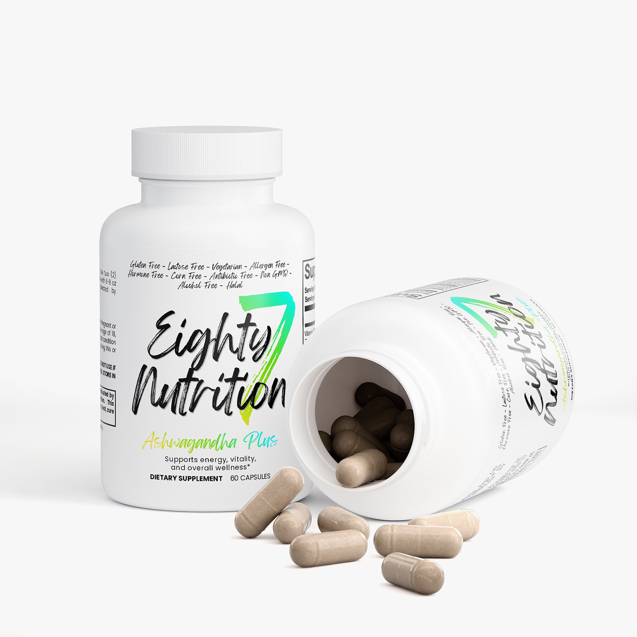 Ashwagandha Plus dietary supplement bottle with open cap showing capsules on a white background