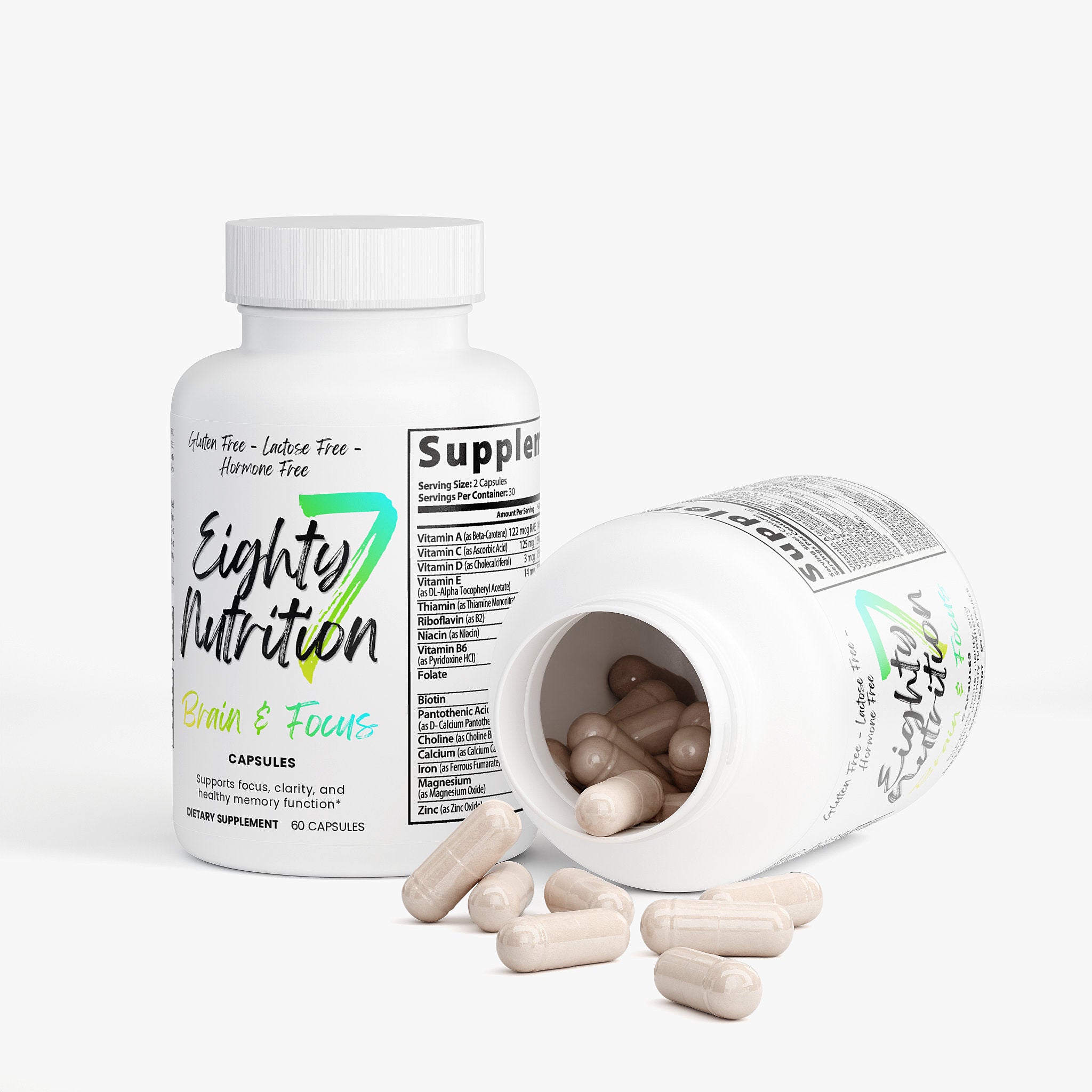 Eighty Seven Nutrition supplement bottle with open cap showing capsules on a white background
