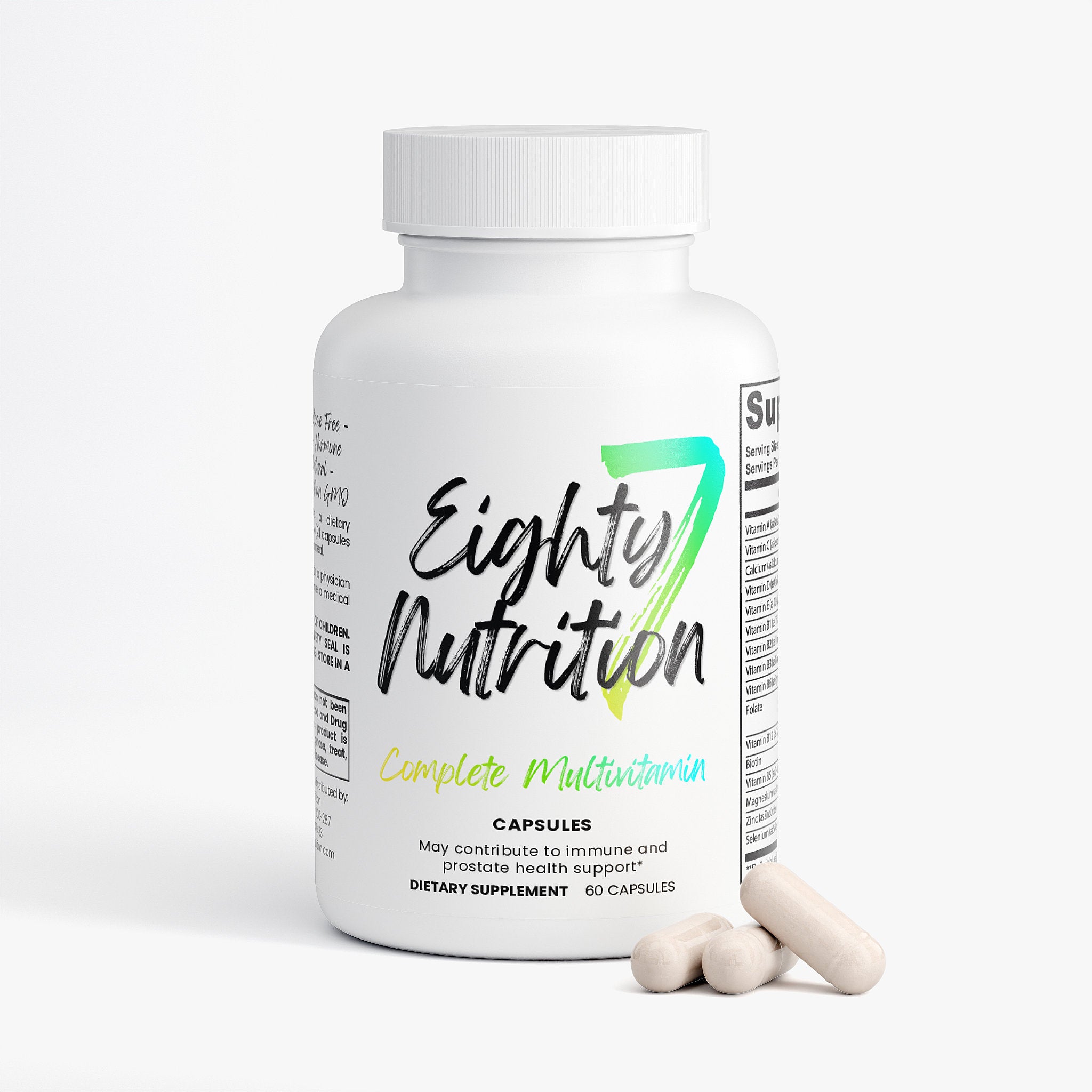 Eighty Nutrition complete multivitamin bottle with capsules on a white background
