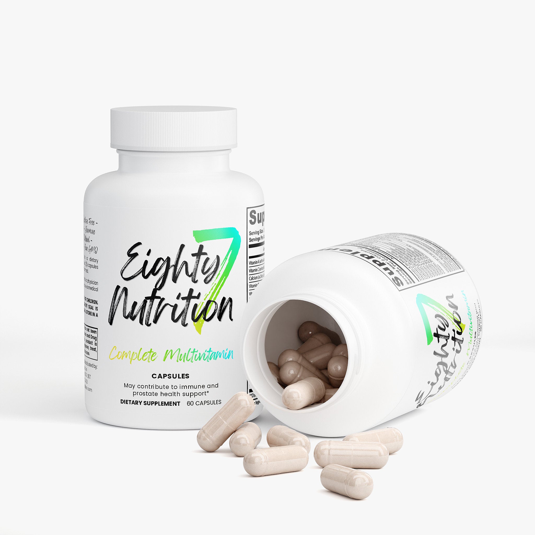 Eighty Nutrition supplement bottle with open lid showing capsules on a white background